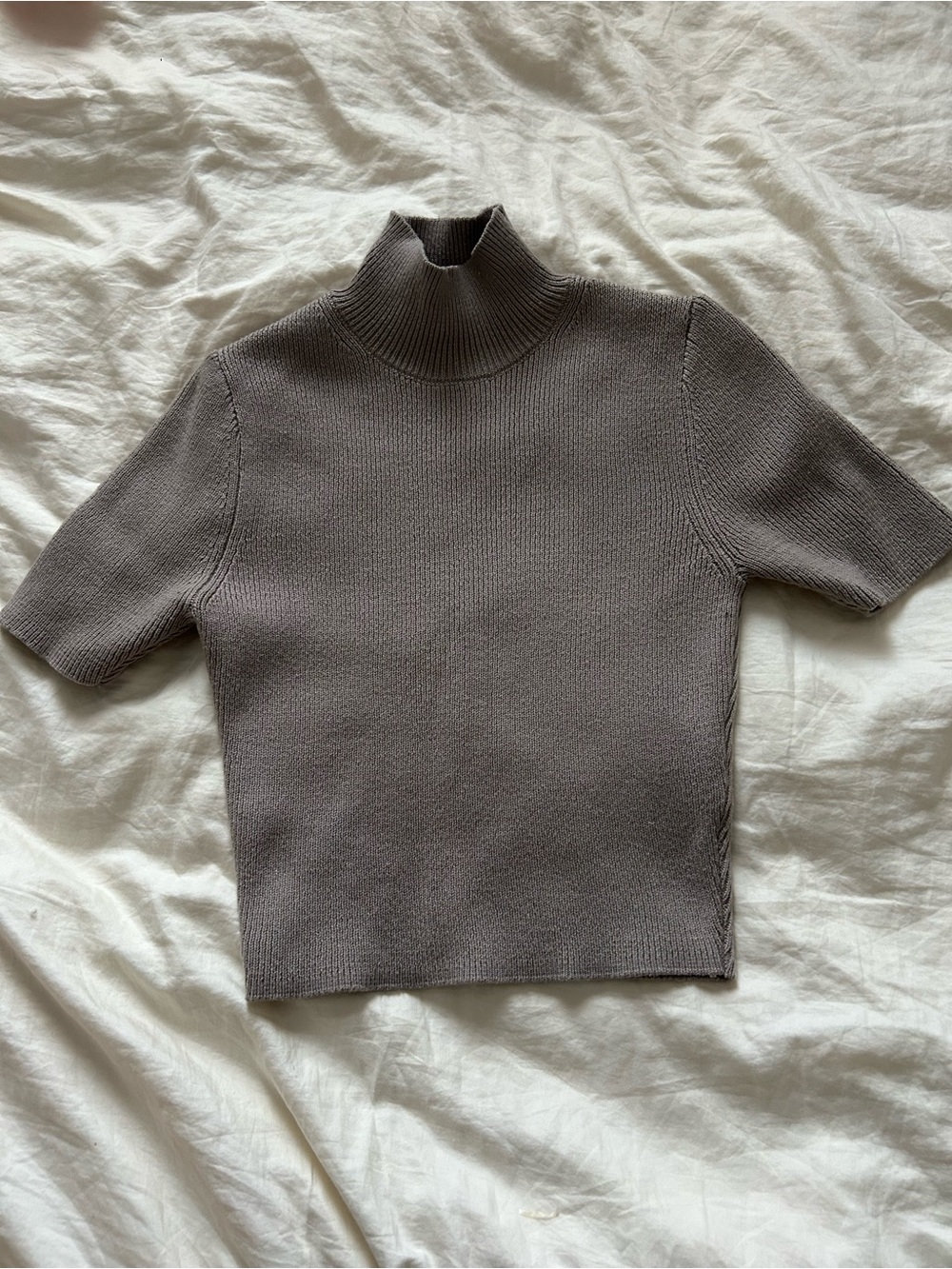 Zara Short-Sleeve Turtleneck Sweater in Taupe Gray